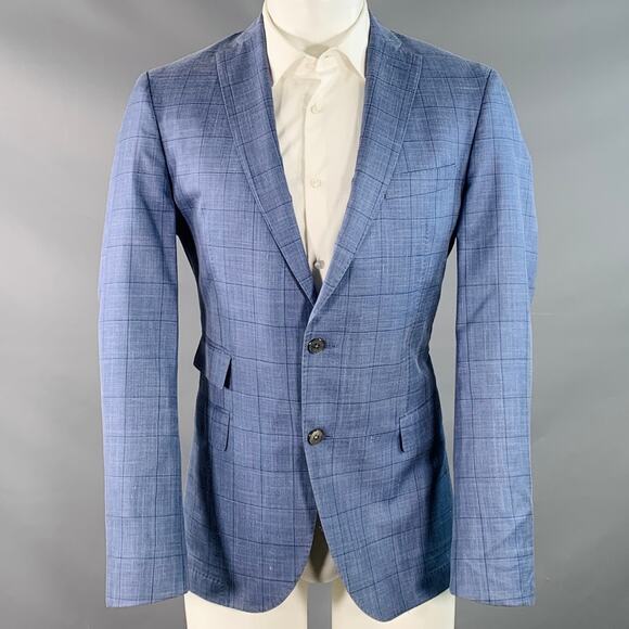HUGO BOSS Size 40 Blue Black Window Pane Silk Linen Tailored Fit Sport Coat - Picture 1 of 10